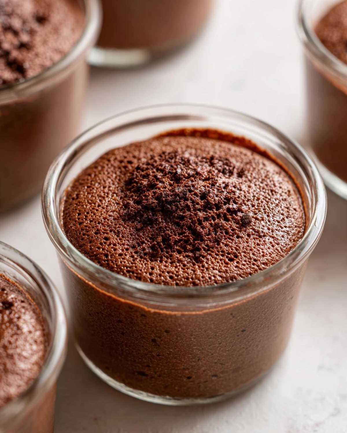 Close-up of rich, airy chocolate mousse set in a small glass serving cup, showing the bubbly texture on top.