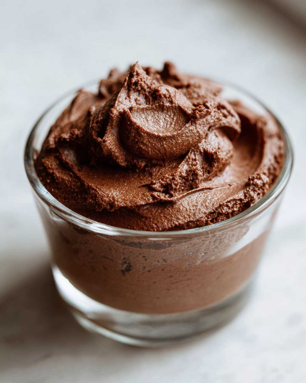 A close-up of rich, dark chocolate mousse perfectly piped into a small clear glass.