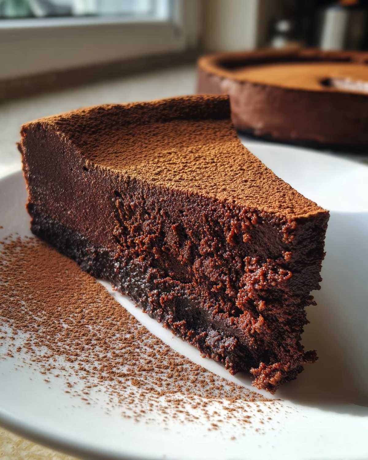 A close-up of a rich, dark slice of flourless chocolate torte dusted generously with cocoa powder on a white plate.