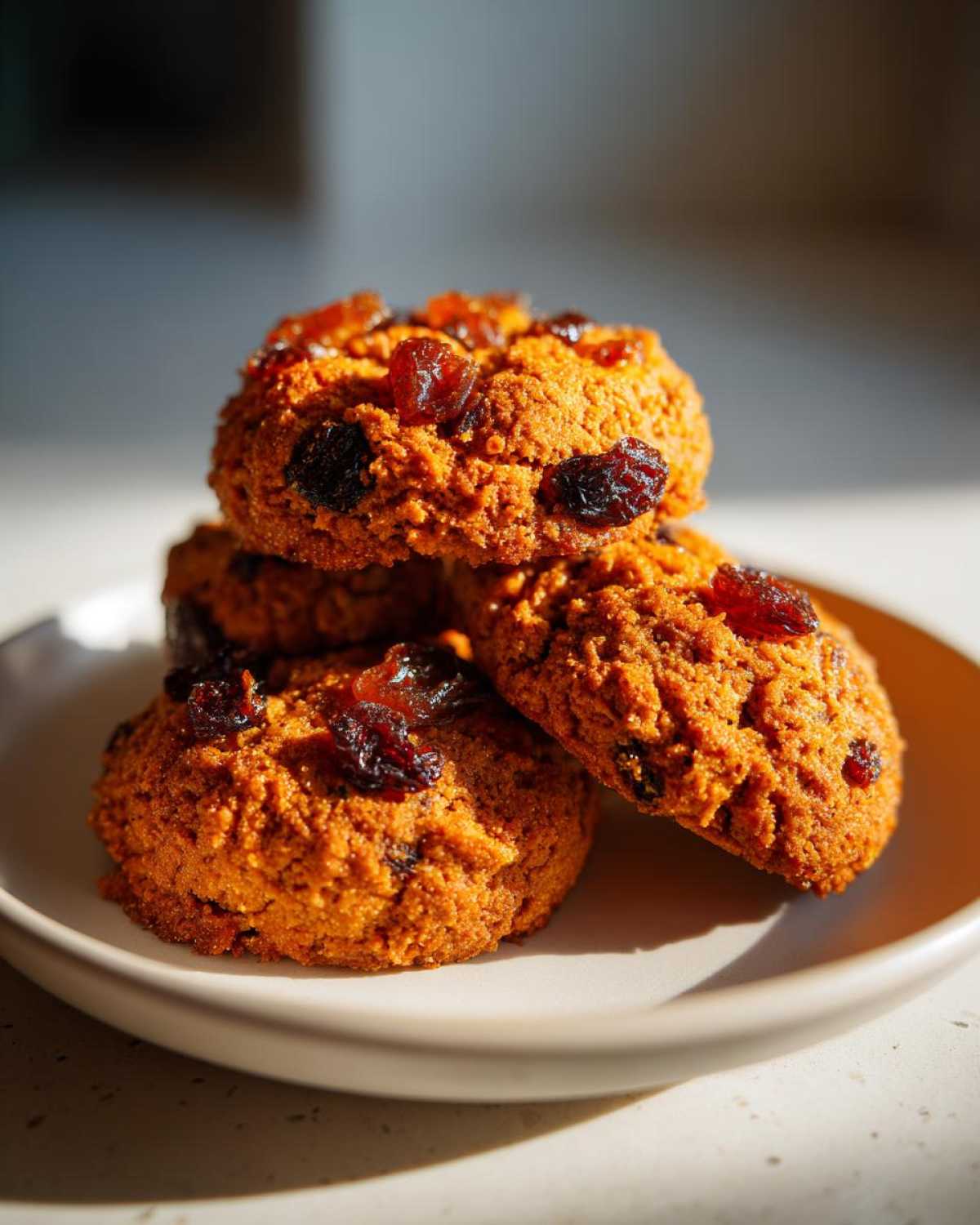 Close-up of a small stack of golden brown fruitcake cookies topped with glistening dried raisins and cherries.