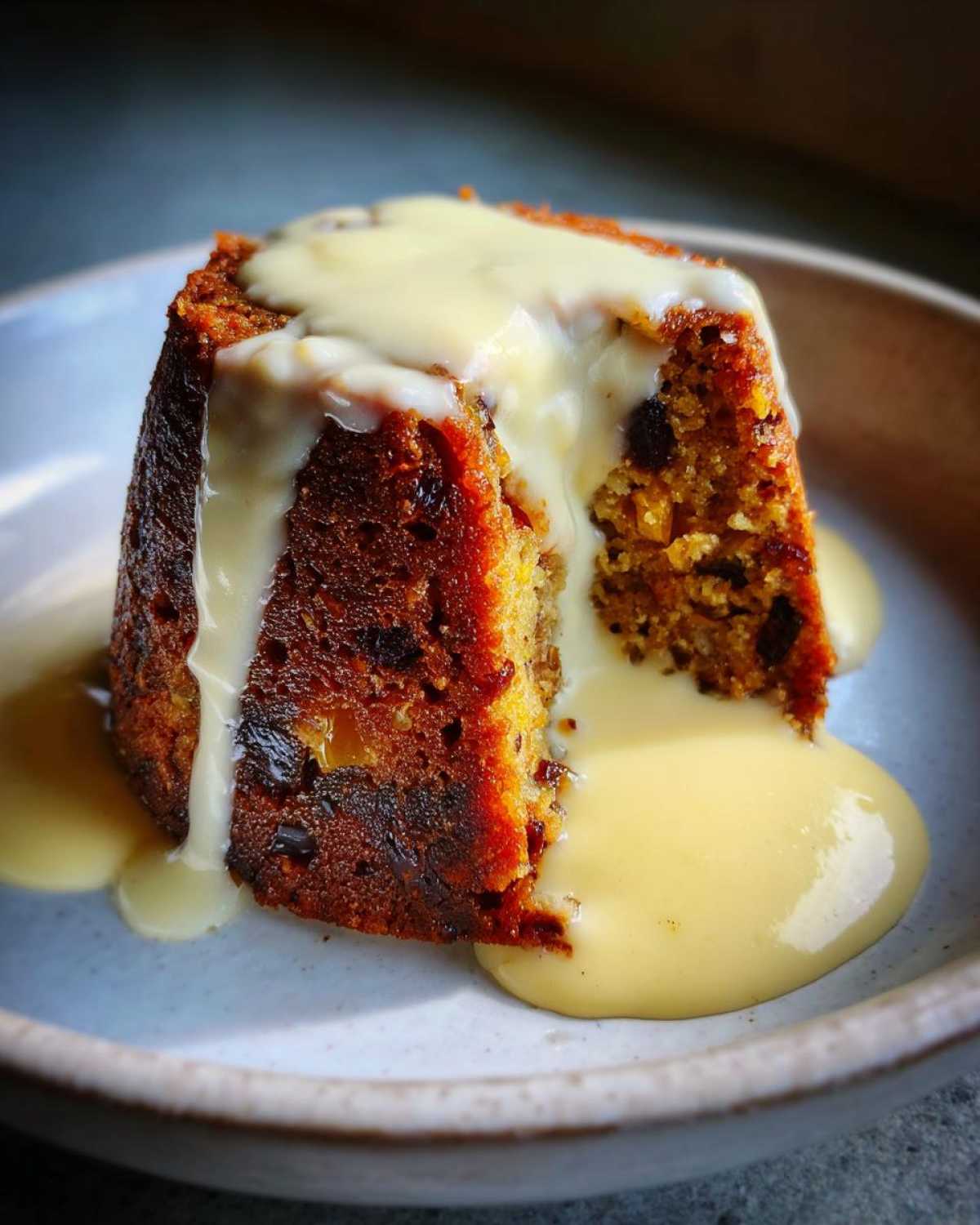 A close-up of a slice of dark, moist plum pudding topped generously with rich, flowing vanilla custard sauce.