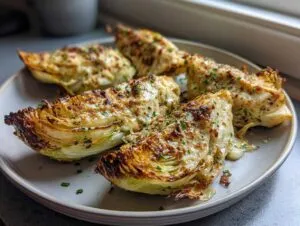Four wedges of roasted cabbage recipe topped with melted cheese and fresh herbs on a gray plate.