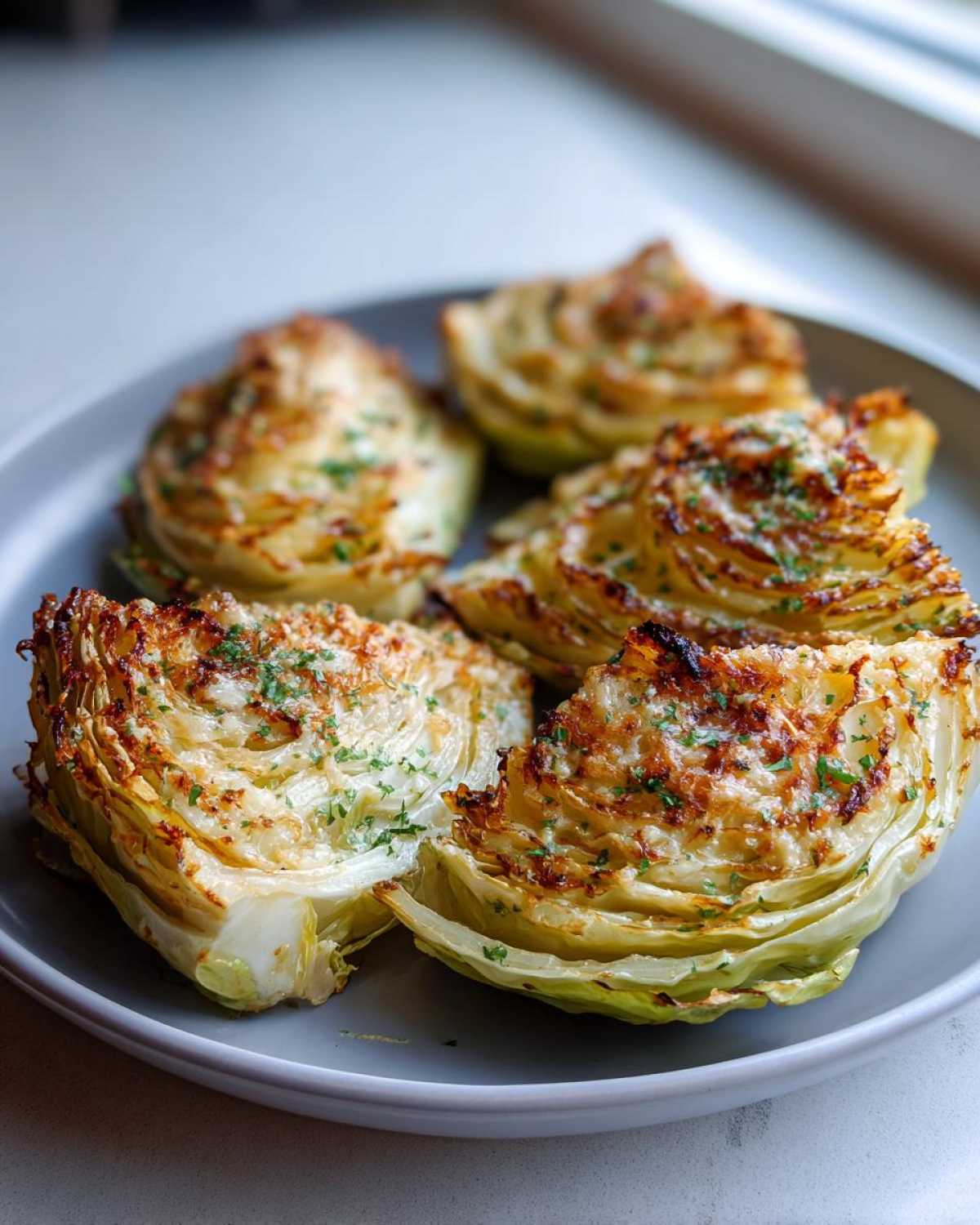 Four roasted cabbage wedges served on a grey plate, showing caramelized edges and a cheesy, herbed topping.
