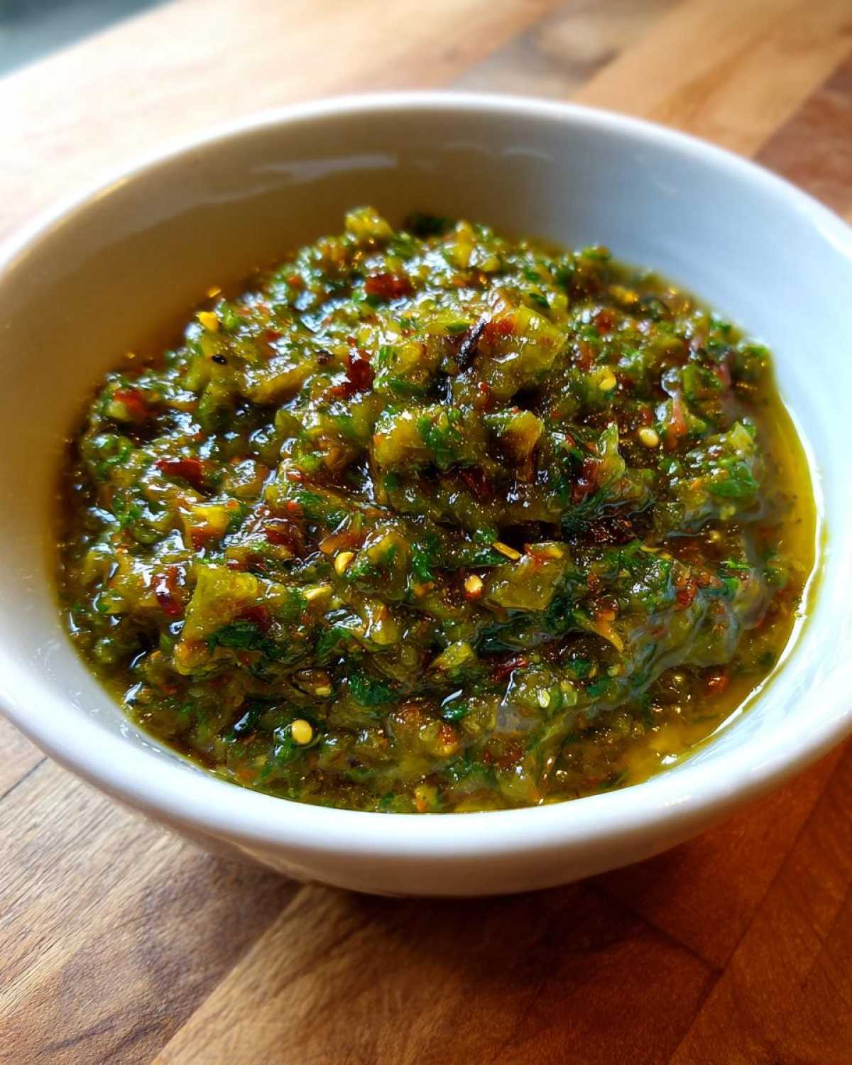 Close-up of vibrant, chunky roasted green tomato salsa with visible seeds and herbs in a small white bowl.