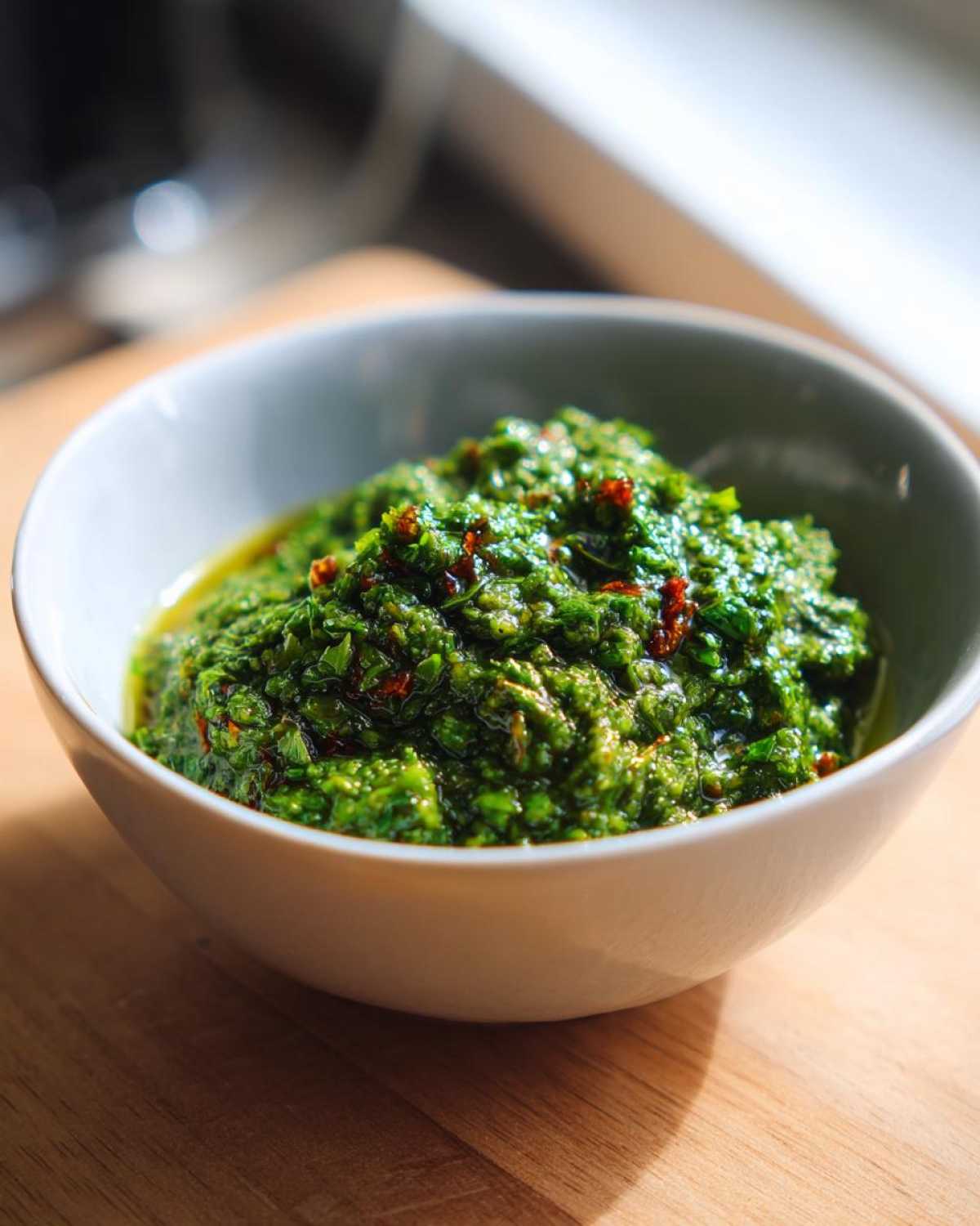 A close-up of bright green, chunky green tomato salsa resting in a white bowl on a wooden surface.