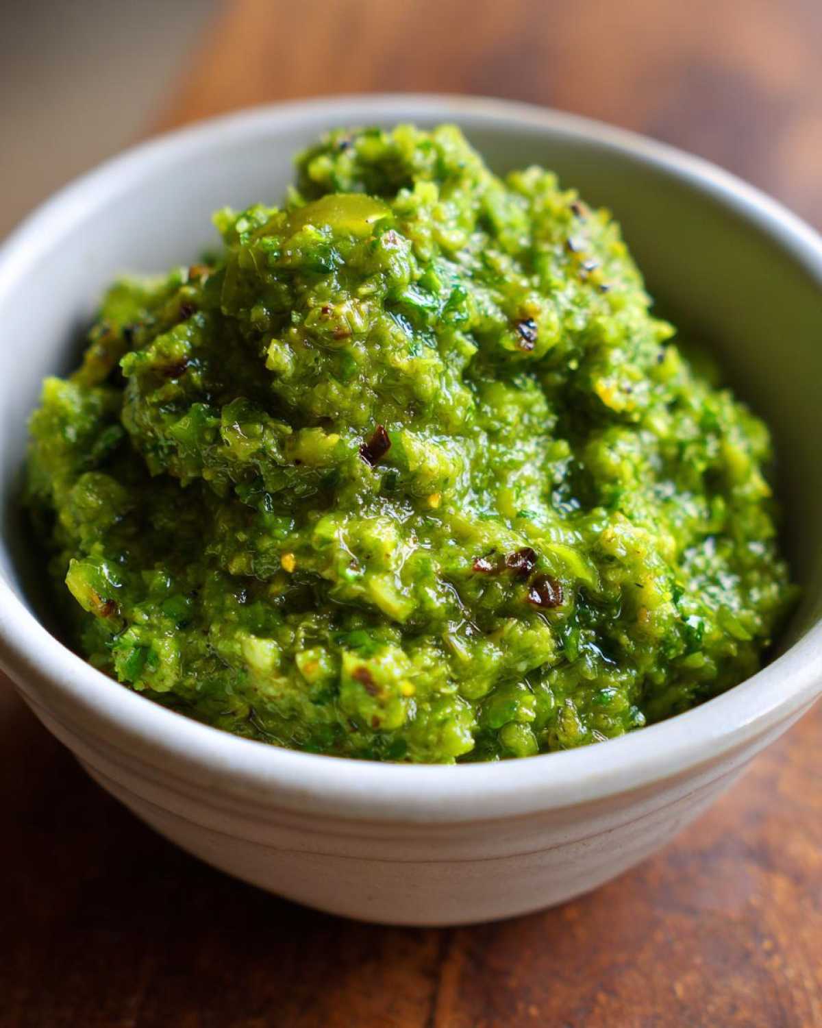 Close-up of thick, vibrant green tomato salsa, showing texture and flecks of spice, served in a light grey bowl.
