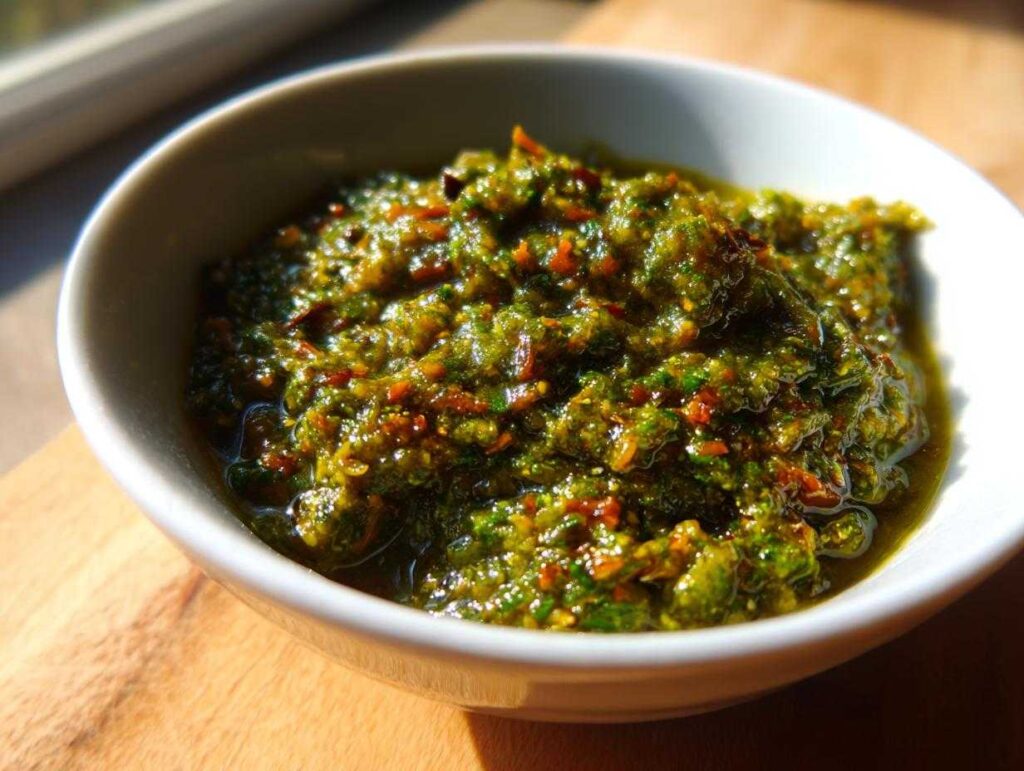 Close-up of thick, textured green tomato salsa with visible flecks of red spice, served in a small white bowl.