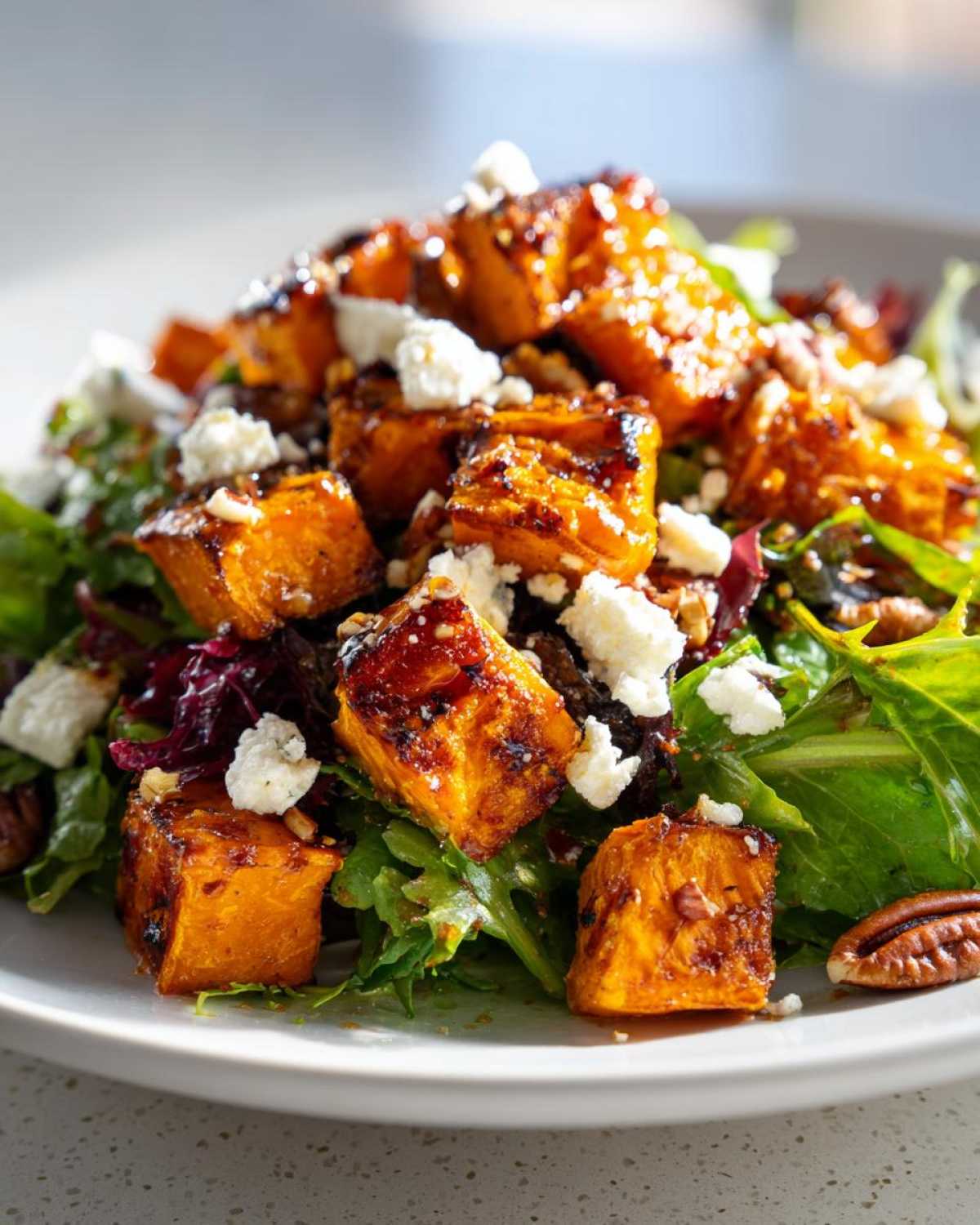 Close-up of a vibrant sweet potato salad featuring caramelized roasted sweet potato cubes, crumbled white feta cheese, and pecans over mixed greens.