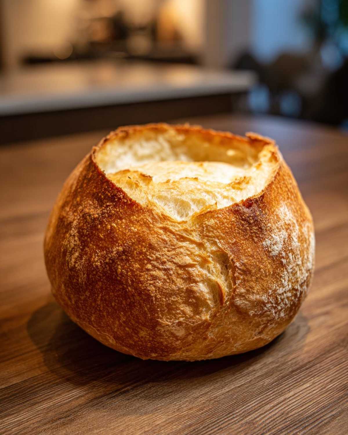 A single, round, crusty bread bowl with the top cut out, sitting on a wooden table.