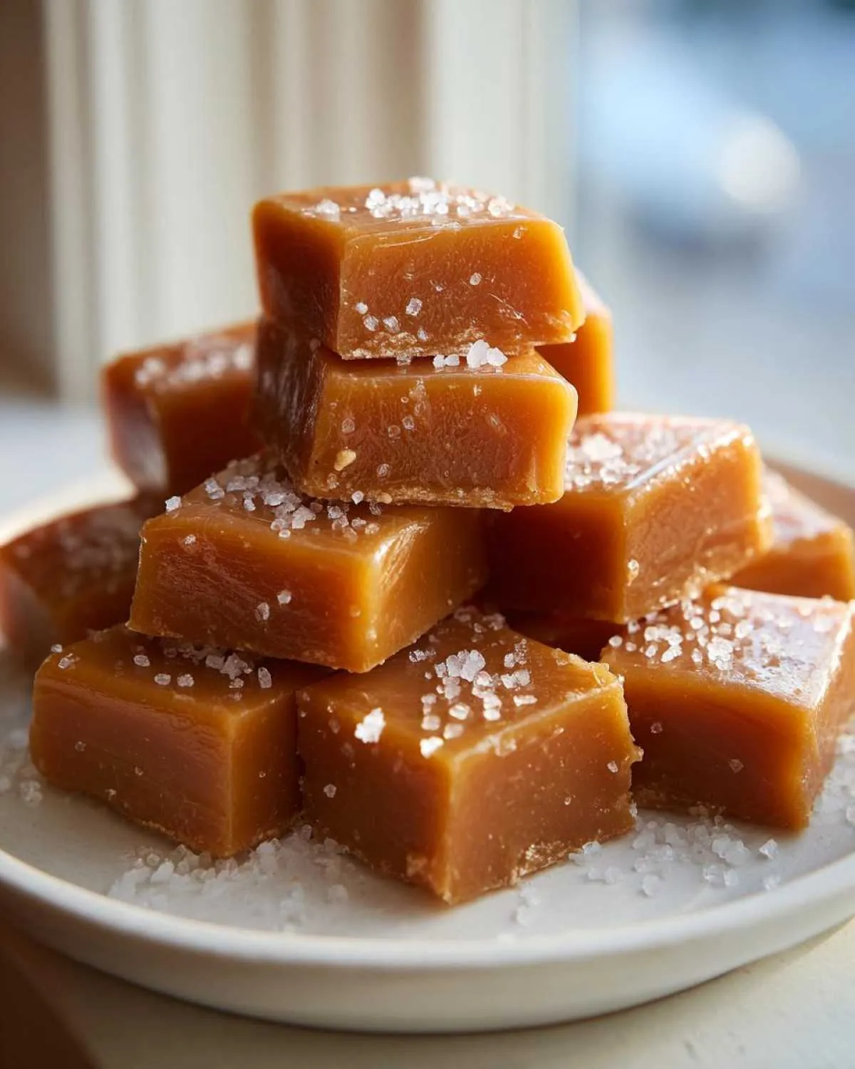 Stack of chewy, golden homemade caramel squares topped with flaky sea salt.