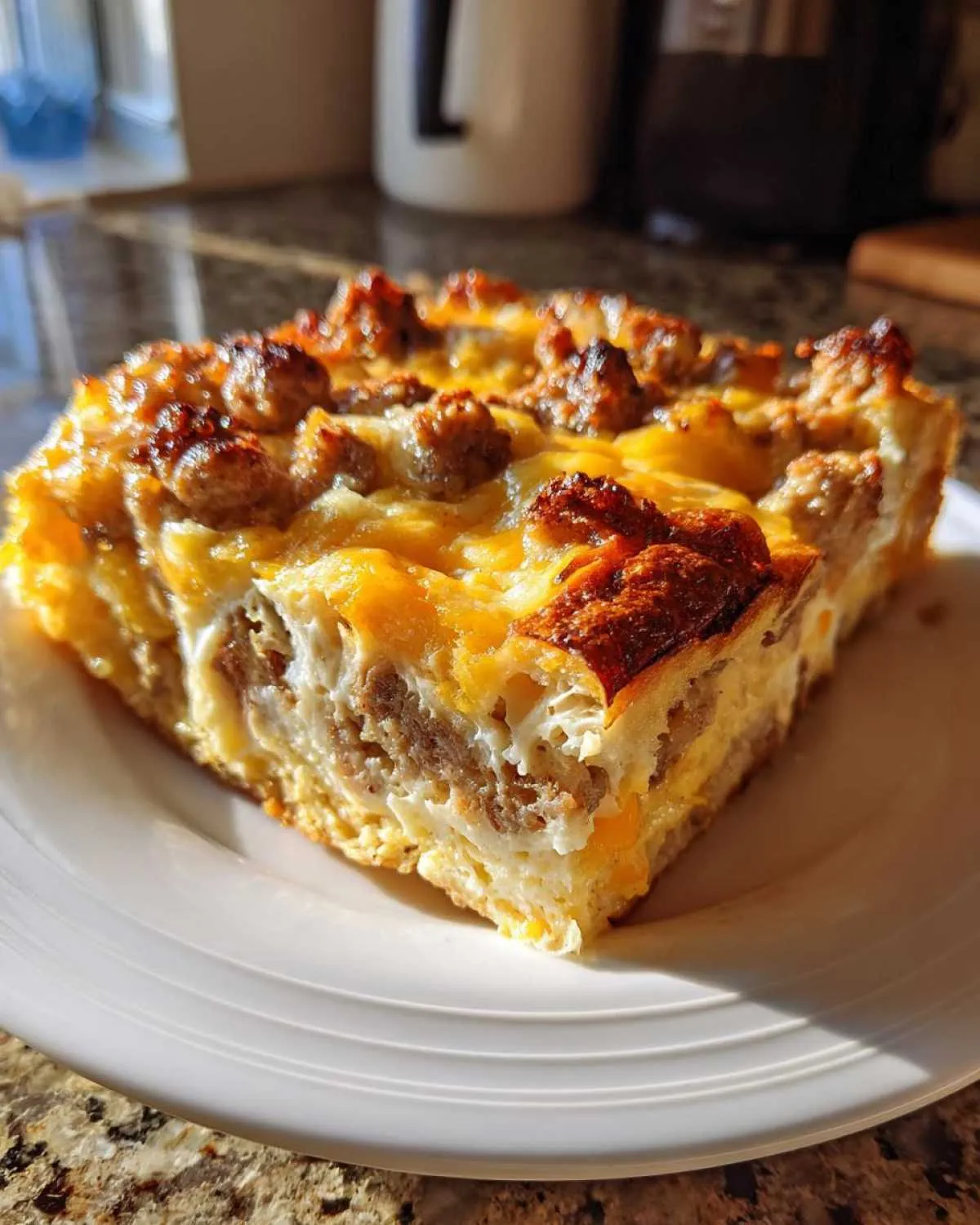 A close-up slice of golden brown Christmas breakfast casserole topped with sausage crumbles.