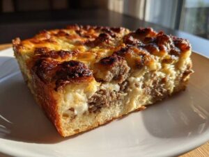 Close-up of a golden-brown slice of Christmas breakfast casserole featuring sausage and egg bake.