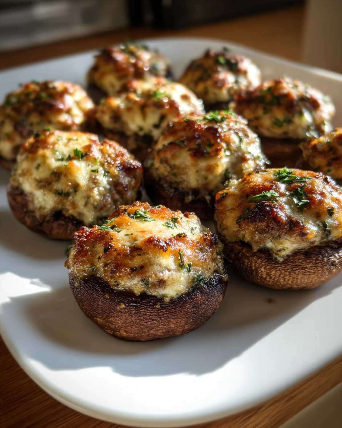 A close-up of several golden-brown sausage stuffed mushrooms, topped with melted cheese and parsley, served on a white platter.