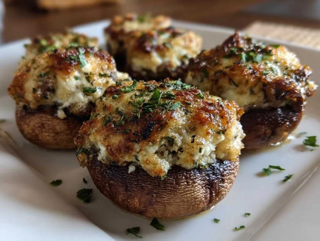 Close-up of four golden-brown sausage stuffed mushrooms topped with melted cheese and fresh parsley.