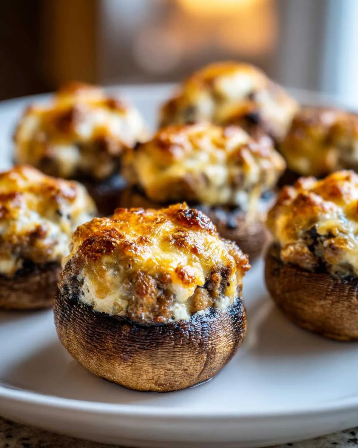 Close-up of baked sausage stuffed mushrooms with a golden, melted cheese topping served on a white plate.