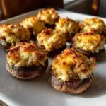 A plate of perfectly baked sausage stuffed mushrooms with a golden, cheesy, and browned topping.