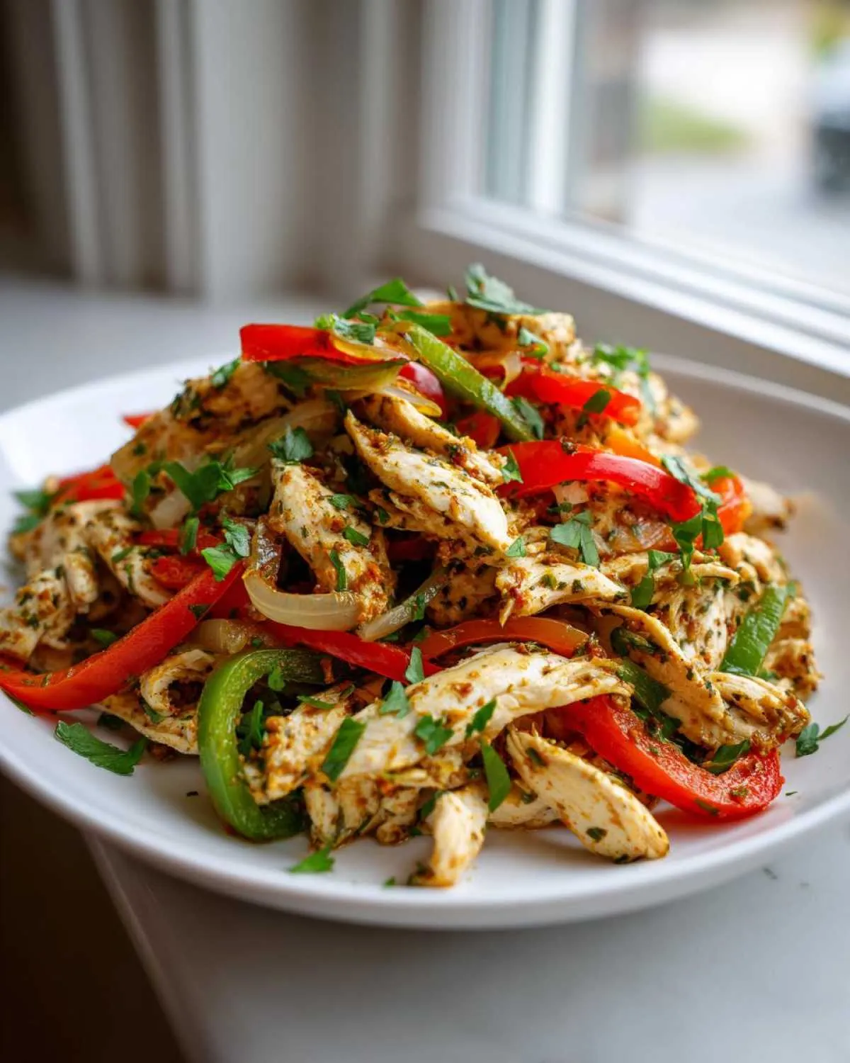 A plate piled high with seasoned, shredded chicken mixed with vibrant red and green bell peppers and onions, perfect for crockpot chicken fajitas.