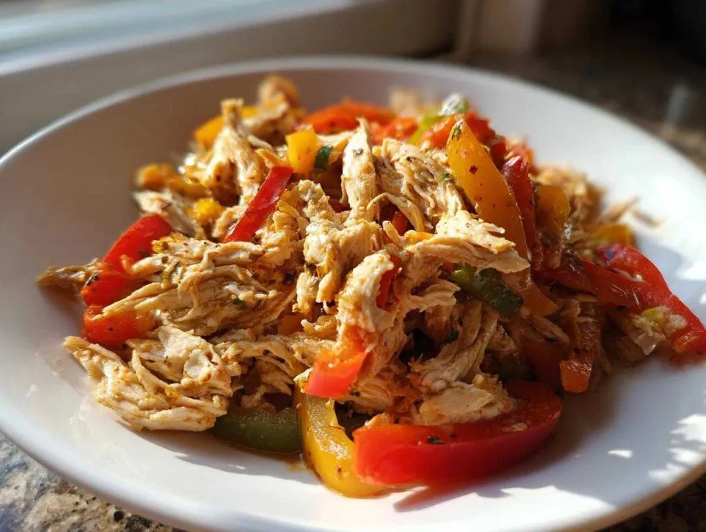 Close-up of shredded chicken mixed with colorful bell pepper strips, ready for crockpot chicken fajitas.
