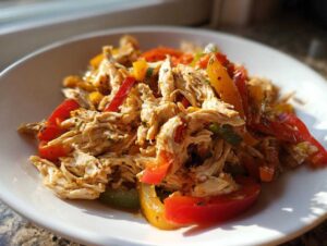 Close-up of shredded chicken mixed with colorful bell pepper strips, ready for crockpot chicken fajitas.