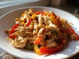 Close-up of shredded chicken mixed with colorful bell pepper strips, ready for crockpot chicken fajitas.