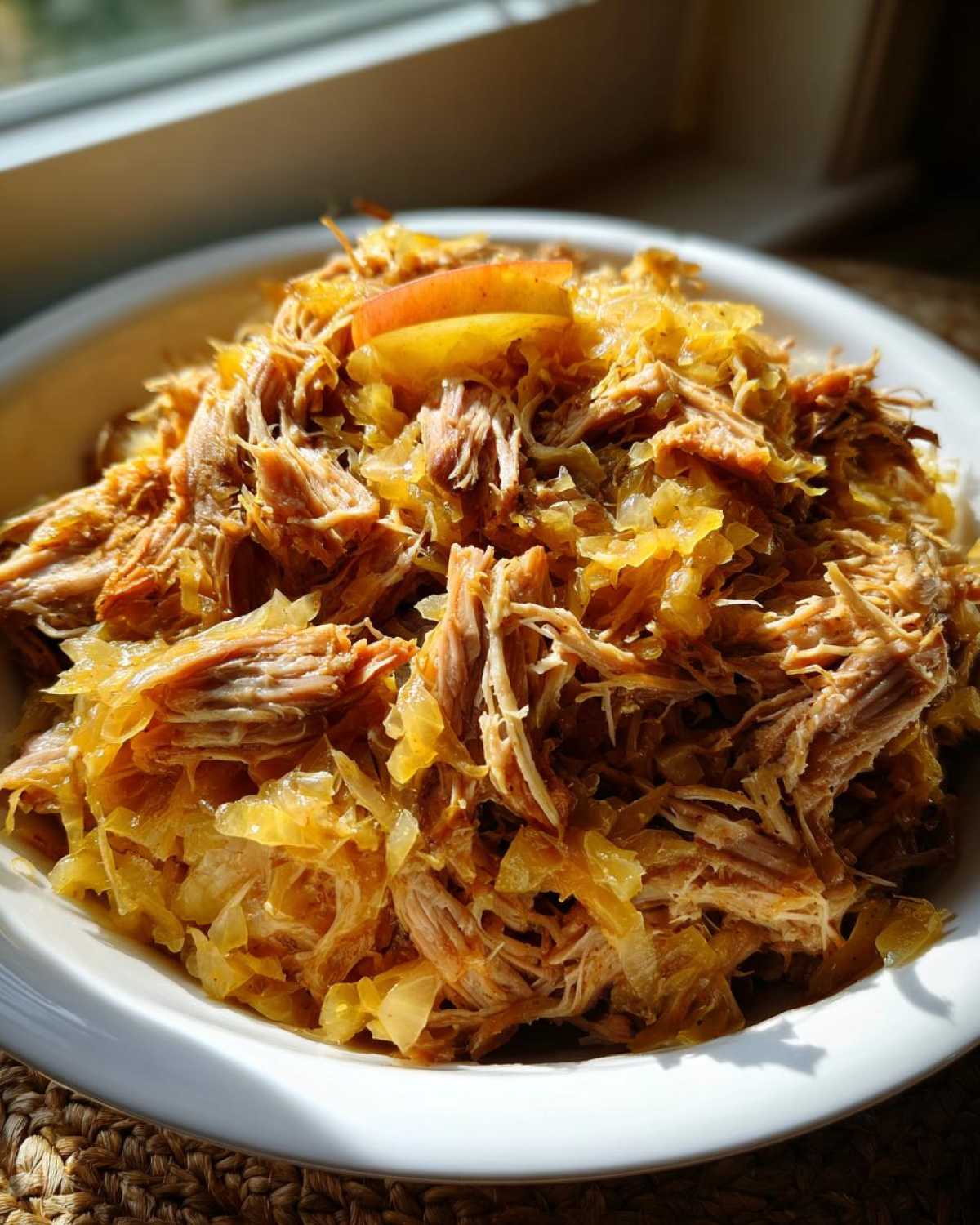 Close-up of tender shredded pork and sauerkraut mixture, garnished with an apple slice, ready to eat.