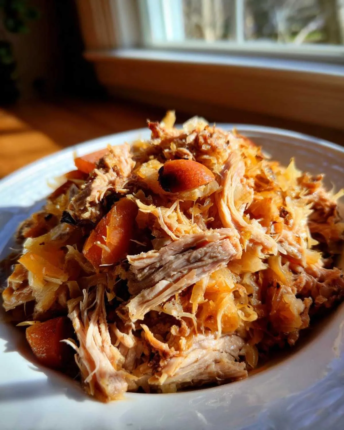 Close-up of shredded pork and sauerkraut mixture with chunks of cooked carrots on a white plate.