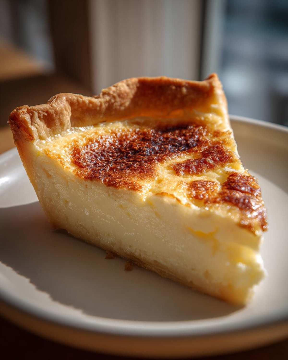 A close-up slice of creamy buttermilk pie featuring a golden, slightly caramelized top crust.