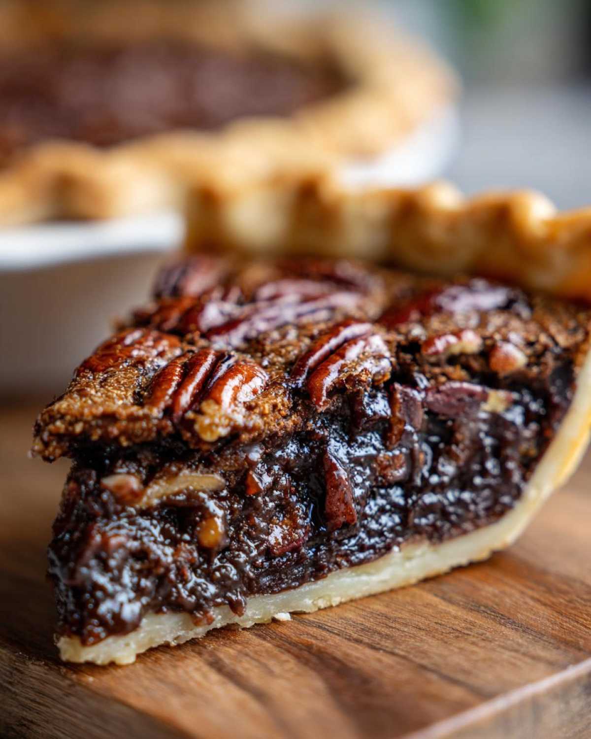 Close-up of a rich, gooey slice of chocolate bourbon pecan pie showing pecans and dark filling, with the rest of the pie blurred in the background.