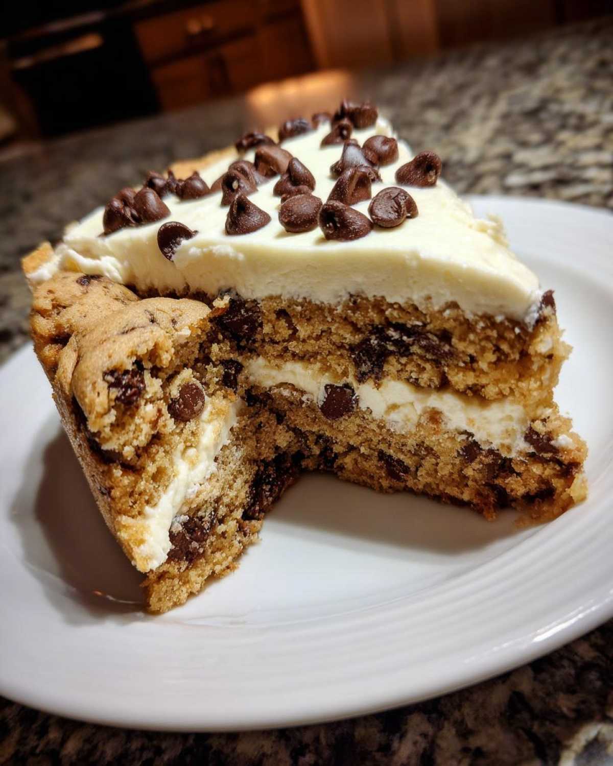 A decadent slice of chocolate chip cookie cake recipe showing layers of cookie and cream filling, topped with frosting and chips.