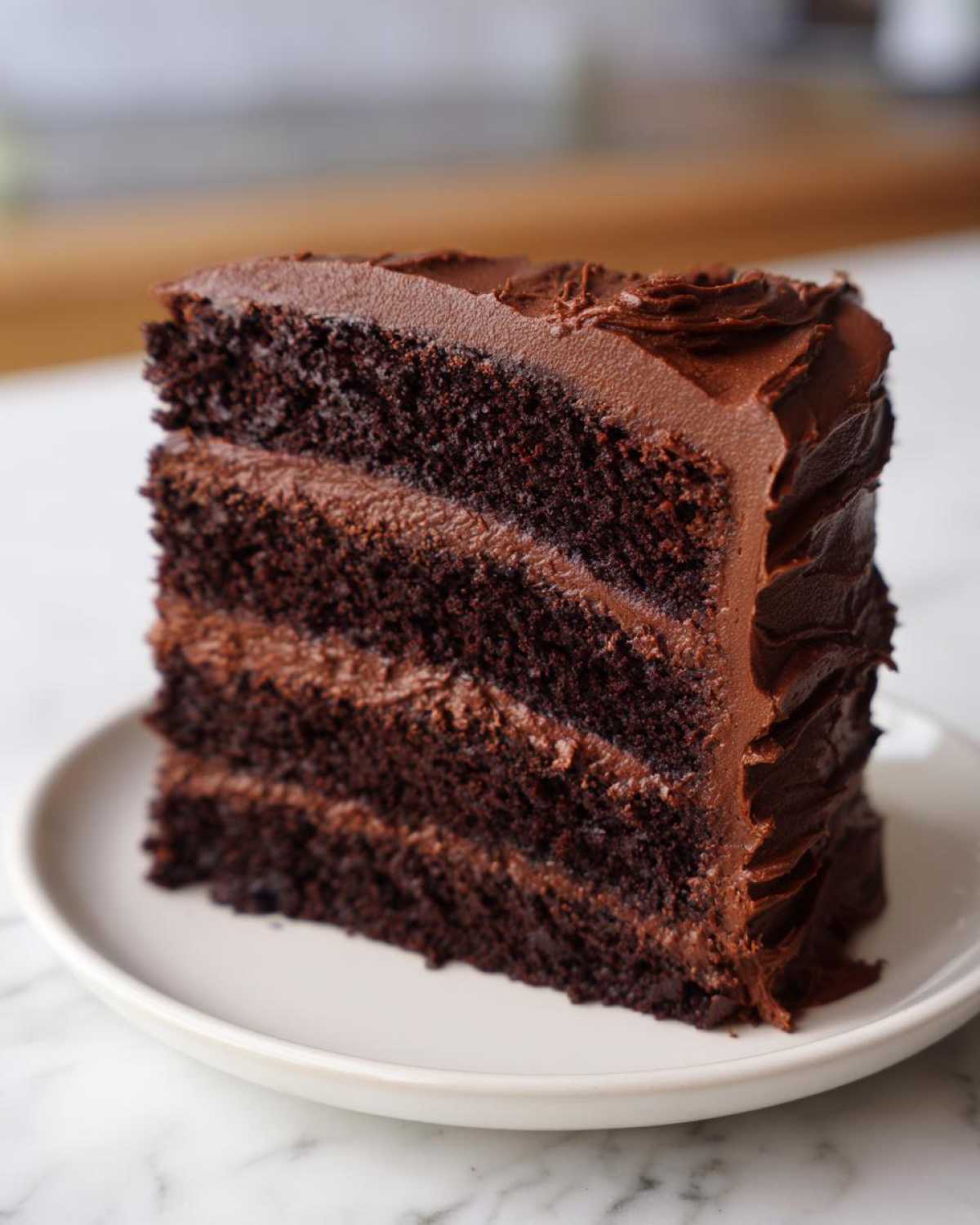 A tall, decadent slice of chocolate fudge cake with three layers of dark cake and thick chocolate frosting.