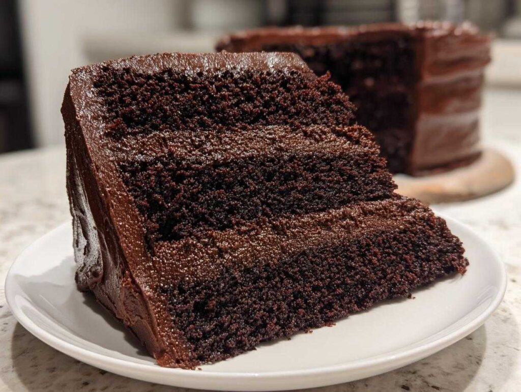 A thick slice of moist chocolate fudge cake with three layers and rich chocolate frosting, served on a white plate.