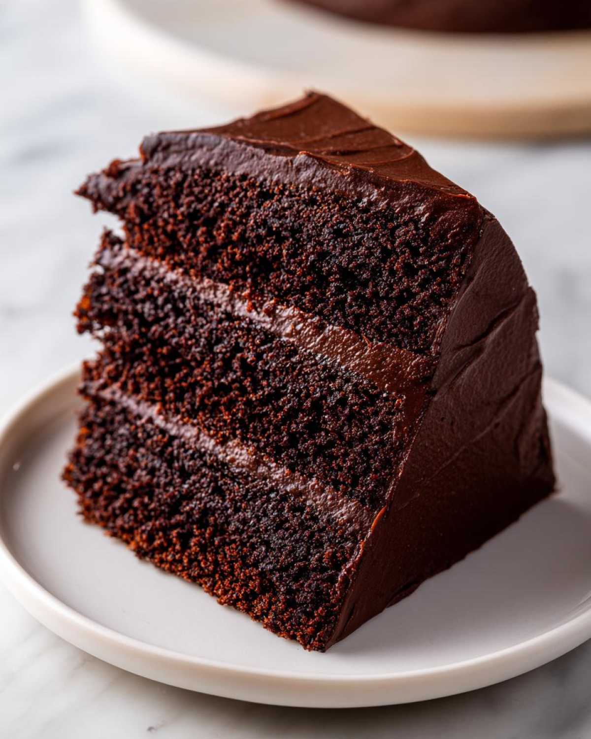 A decadent slice of multi-layered chocolate fudge cake covered in thick, dark chocolate frosting.