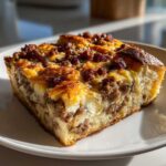 A golden brown slice of Christmas breakfast casserole featuring layers of bread, egg, cheese, and crumbled sausage.