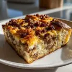 A golden brown slice of Christmas breakfast casserole featuring layers of bread, egg, cheese, and crumbled sausage.
