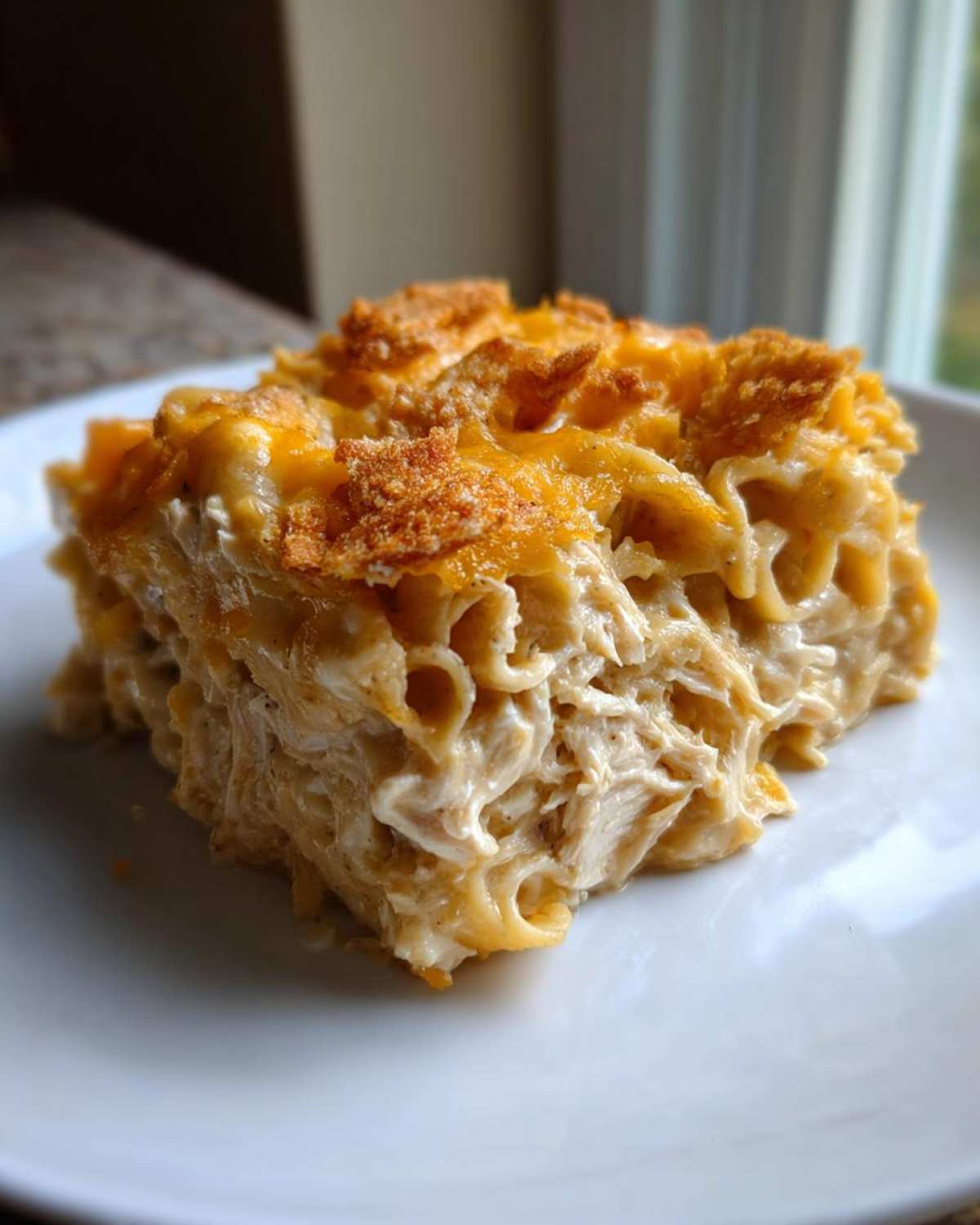 A generous slice of creamy chicken noodle casserole, featuring shredded chicken, egg noodles, and a golden, cheesy topping.