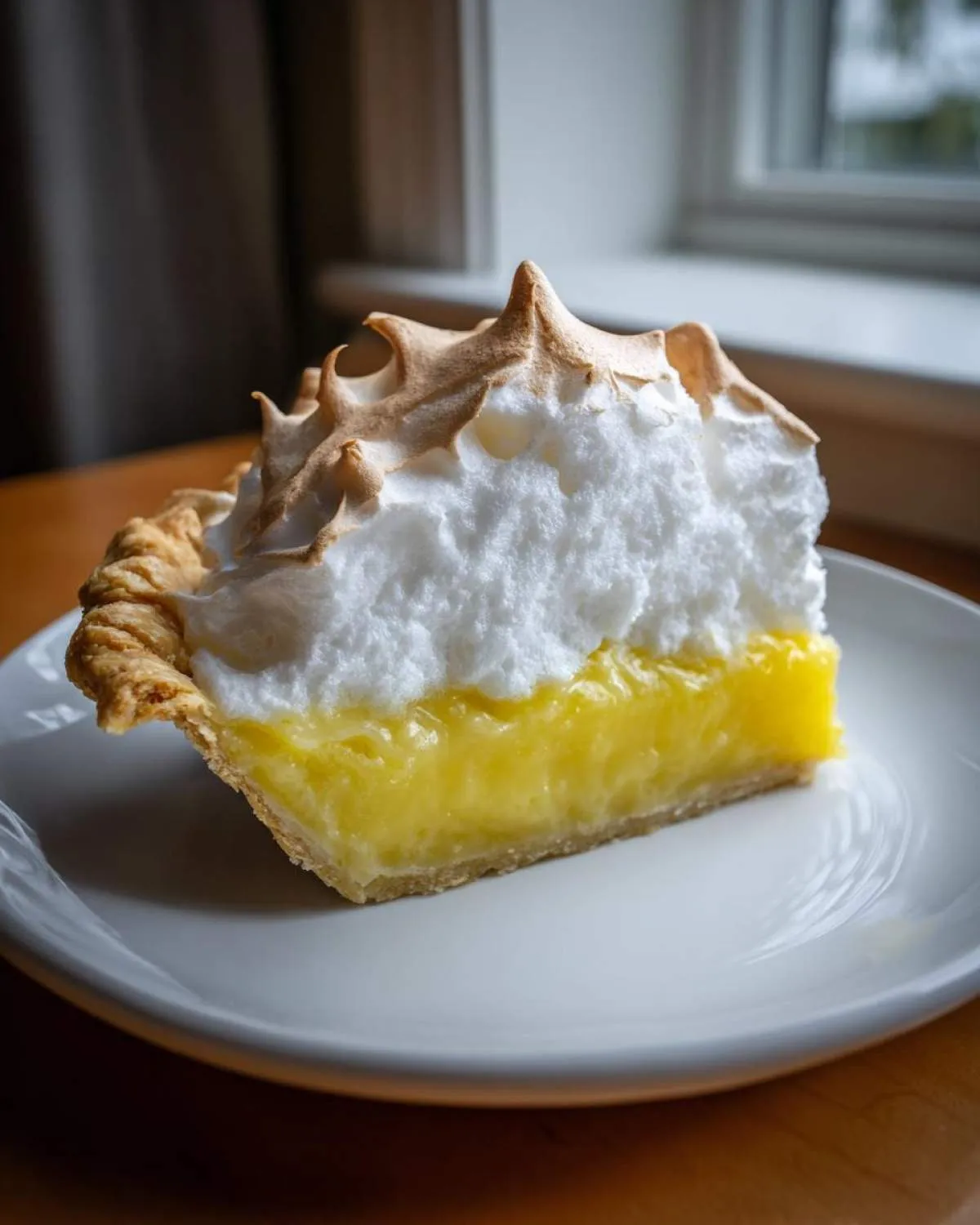 A perfect slice of lemon pie featuring bright yellow filling, flaky crust, and tall, toasted meringue topping.