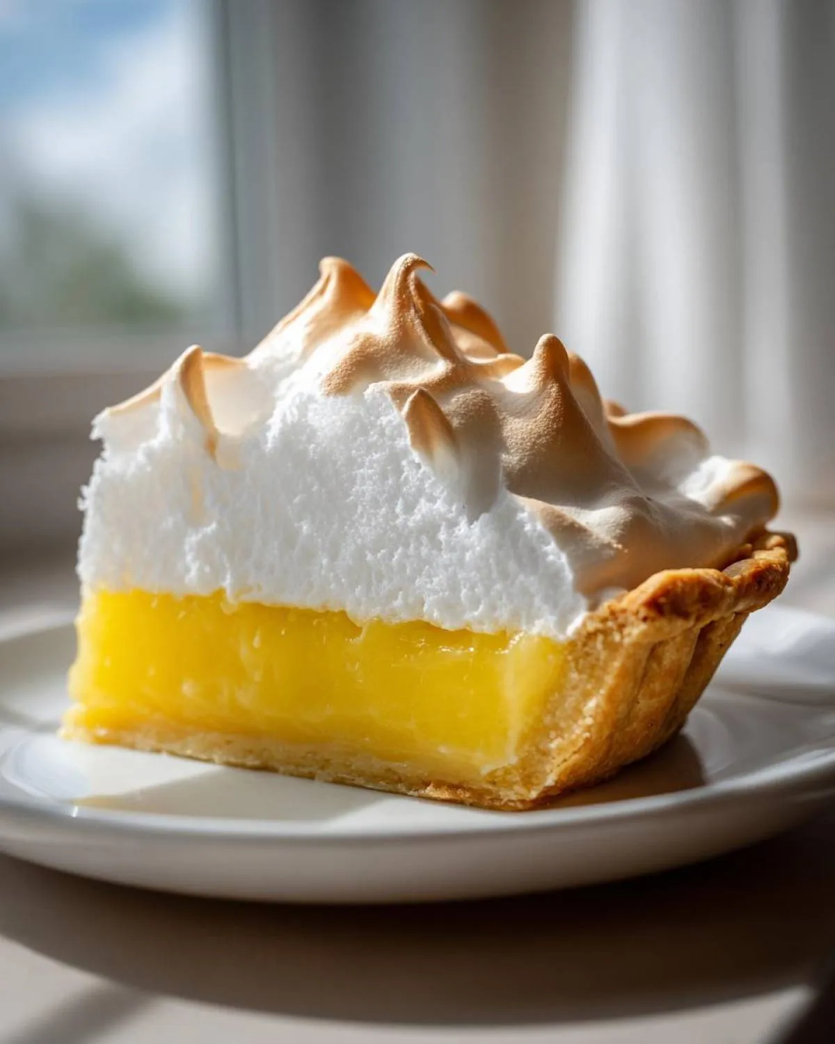 A close-up of a perfect slice of lemon pie featuring bright yellow filling and tall, toasted meringue peaks.