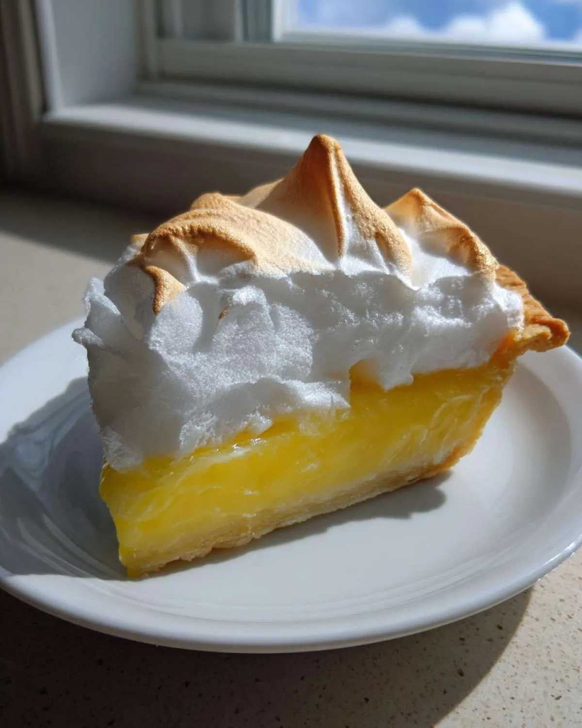 A close-up of a decadent slice of lemon pie with bright yellow filling and tall, toasted meringue peaks.