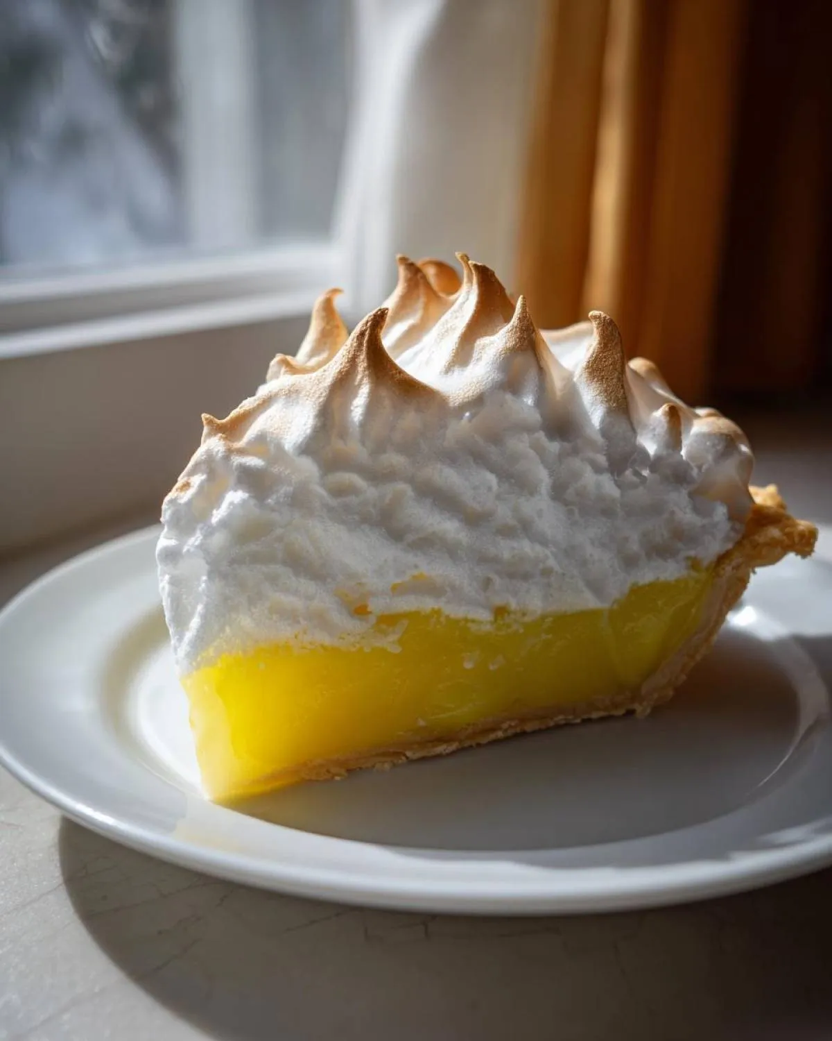 A tall slice of bright yellow lemon pie topped with peaks of toasted meringue, served on a white plate.