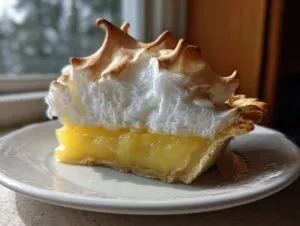 A close-up of a thick slice of lemon pie featuring bright yellow filling and tall, toasted meringue peaks.