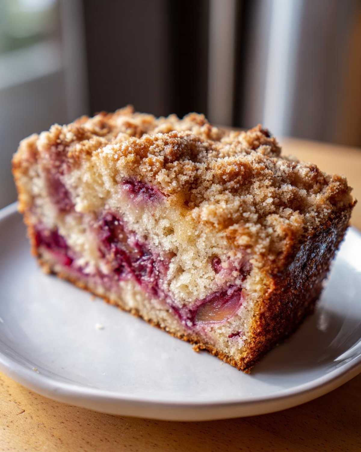A close-up of a moist slice of plum cake featuring baked plums and a thick, golden streusel topping.