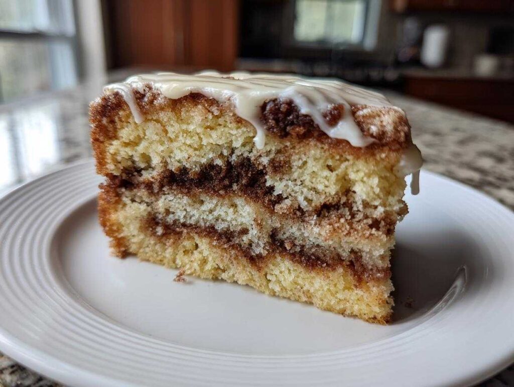 A moist slice of sour cream coffee cake with cinnamon swirl layers and white glaze drizzled on top.