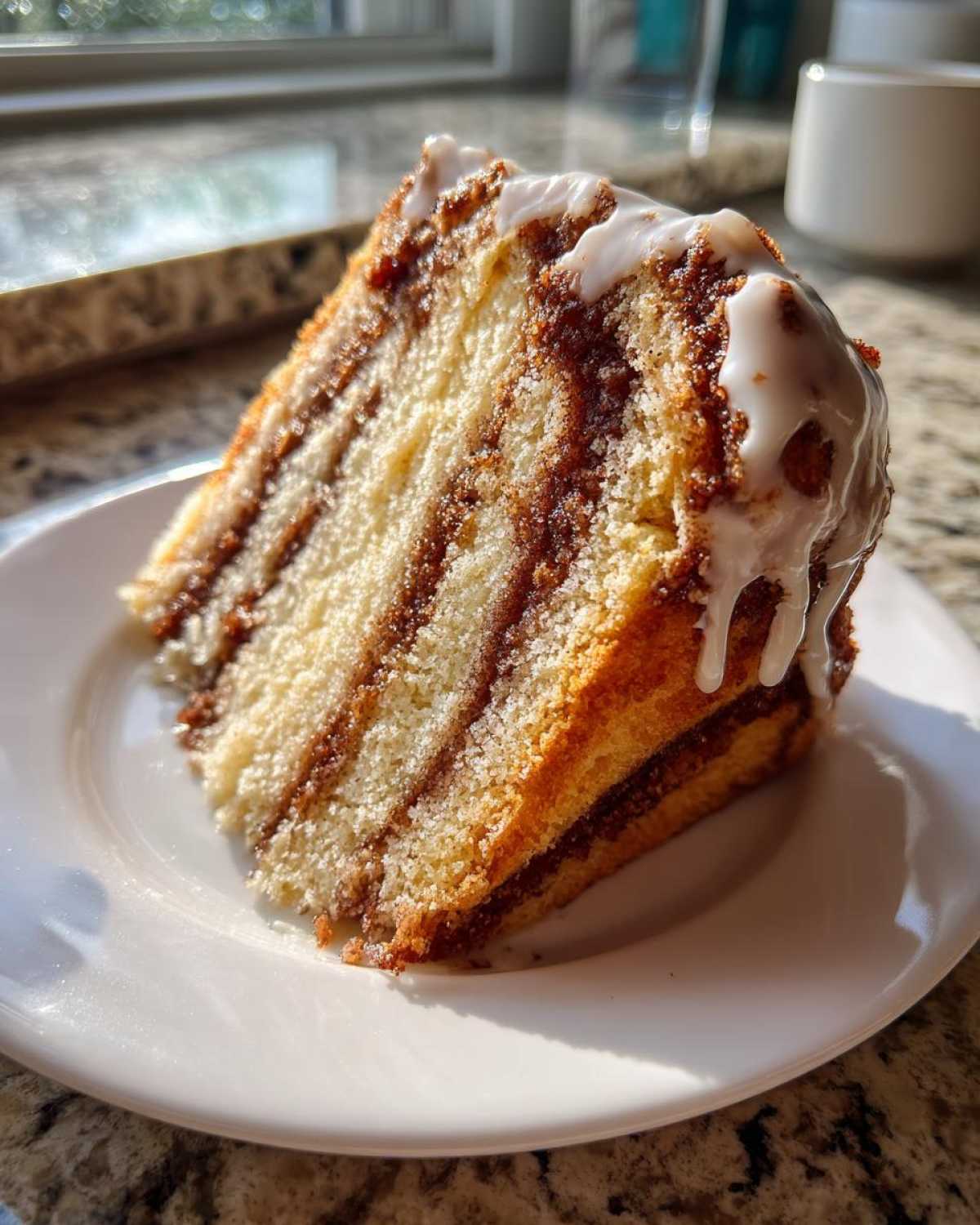 A tall slice of sour cream coffee cake showing distinct cinnamon swirl layers and a white vanilla glaze dripping down the side.