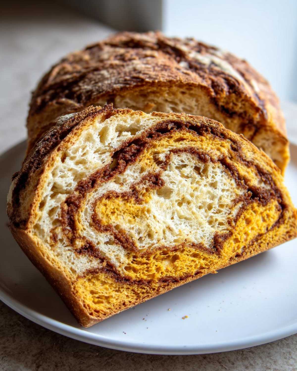 A thick slice of pumpkin sourdough bread showing a beautiful orange crumb and dark cinnamon swirl pattern.