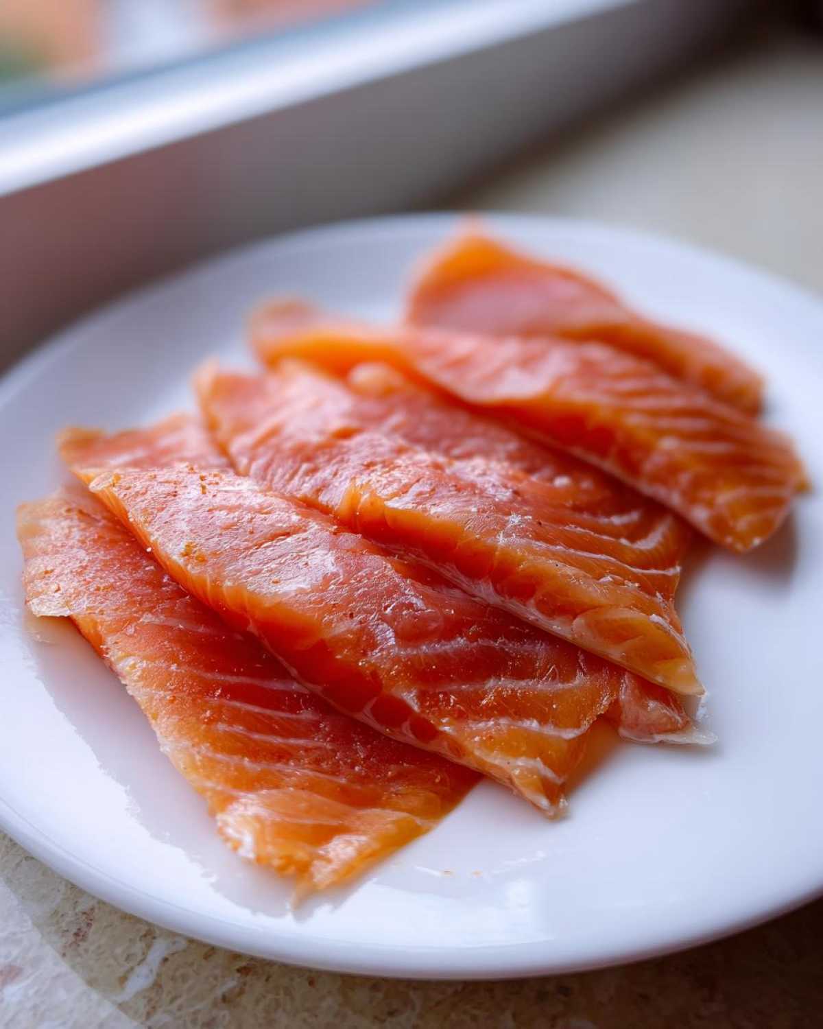 Close-up of several vibrant orange slices of smoked salmon arranged on a white plate.