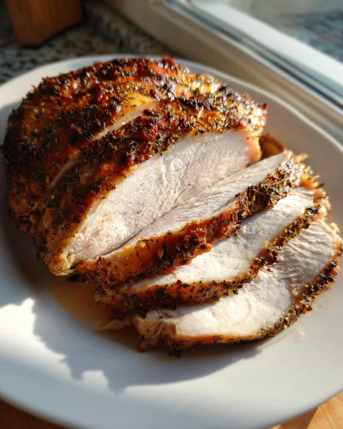 Close-up of sliced, juicy slow cooker turkey breast with a browned, herbed crust on a white plate.