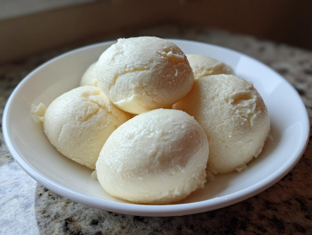 Close-up of five scoops of smooth, pale yellow fufu served in a white bowl.