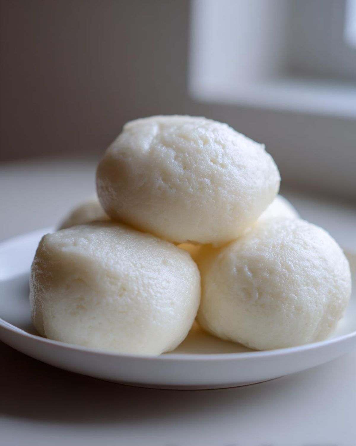 A close-up of several smooth, white, rounded portions of fufu stacked on a white plate.