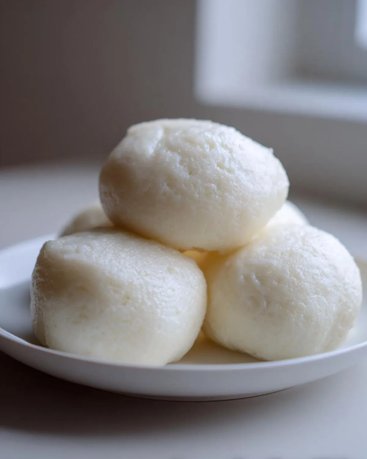 A close-up of several smooth, white, rounded portions of fufu stacked on a white plate.