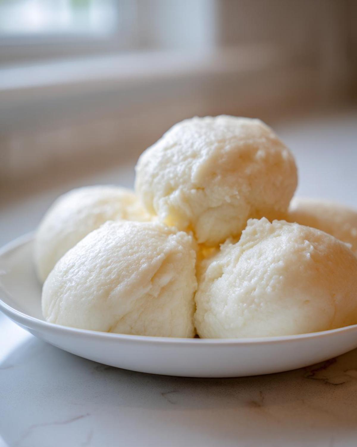Close-up of several smooth, white balls of fufu served in a shallow white bowl.